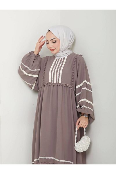 EFSUN MODA Stone Color Lace Women's Stripe Dress - Hijab