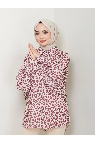 EFSUN MODA Cămașă JESICA CU MÂNECĂ LUNGĂ 2508 BORDO CU MODEL DE LEOPARD MĂRIMEA 38