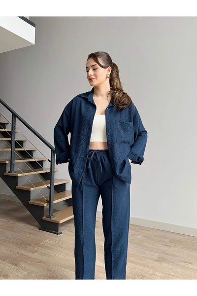 ZF BUTİK Women's Double Linen Shirt Pants Bottom Top Set