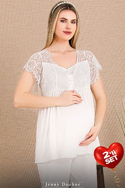 Jenny Daphne Viscose Fabric 2 Shoulder and Leg Lace Maternity Pajamas Set 33200