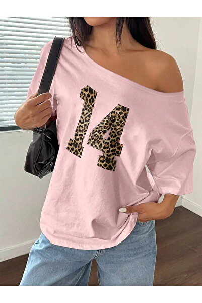 Keywest Kadın Kayık Yaka 14 Baskılı Oversize % 100 Pamuk majica