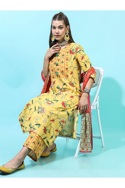 Vishudh By Styli Women Yellow Floral Cotton Kurta Set with Dupatta