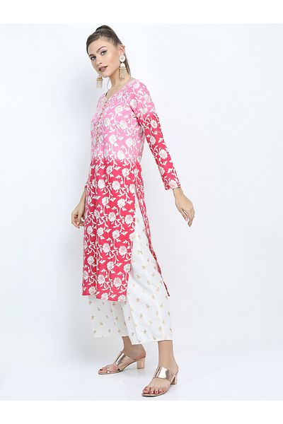 Vishudh By Styli Women Pink and White Floral Printed Kurta Set with Dupatta