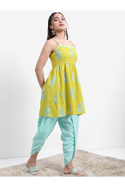 Vishudh By Styli Green Floral Printed A-line Kurta with Dhoti Pants & Dupatta