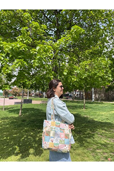 Kahvemavii Mutlu Dünya Happy Word Patchwork Desenli Bez Çanta