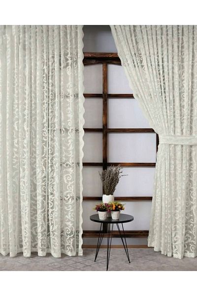 Art Perde 2 Wings Colorful White Ivy Pattern Laced Tulle Background Curtain 2 Wings