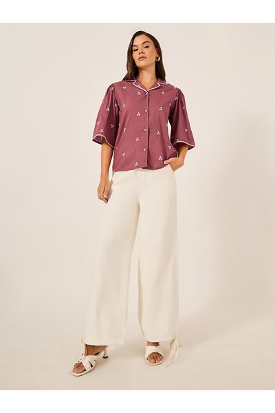 Styli Embroidered Notch Lapel Buttoned Top with Flared Sleeves