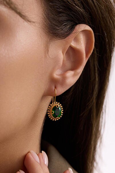 Bayar Gold 14 Ayar Altın Yeşil Güneş Taşlı Küpe