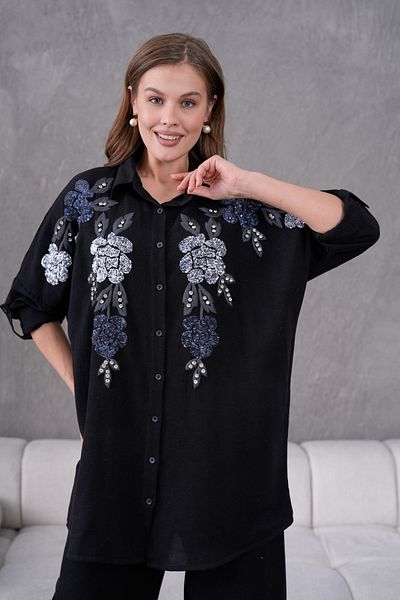 MVStore Women's Floral Pattern Sequins Embroidery Embroidered Linen Oversize Shirt and Pants