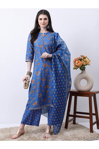 Vishudh By Styli Blue Floral Printed Kurta Set with Palazzos and Dupatta