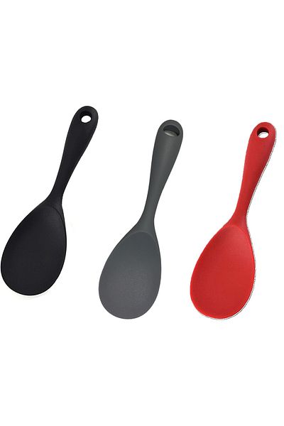 BURCU 3 Pcs Silicone Hard Tip Short Rice Spoon Black & Red & Gray