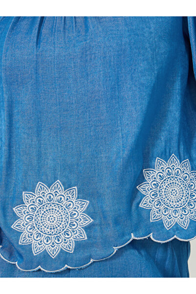 Styli Embroidered Balloon Sleeves Blouse with Scalloped Hem