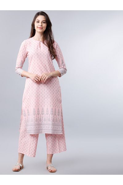 Vishudh By Styli Women Pink Printed Cotton Kurta Set