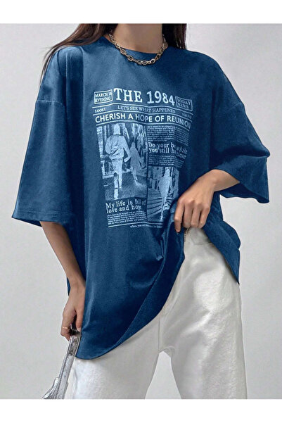 Revasser Unisex Erkek/Kadın The 1984 Özel Baskılı Oversize Pamuklu Bisiklet Yaka T-Shirt