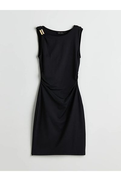 LC Waikiki Lcw Vision Black Crew Neck Shirred Mini Dress