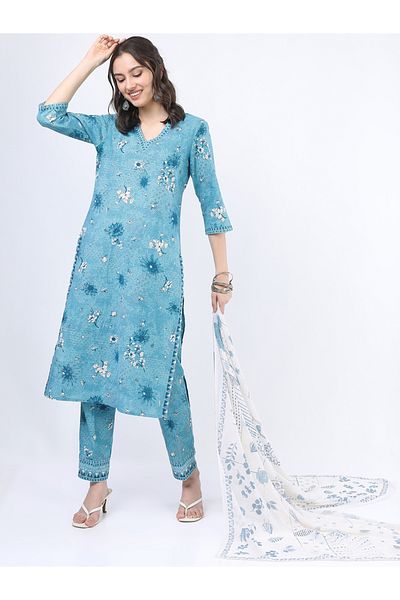 Vishudh By Styli Women Blue Floral Cotton Kurta Set with Dupatta