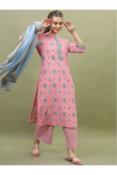 Vishudh By Styli Women Pink Printed Cotton Kurta Set with Dupatta