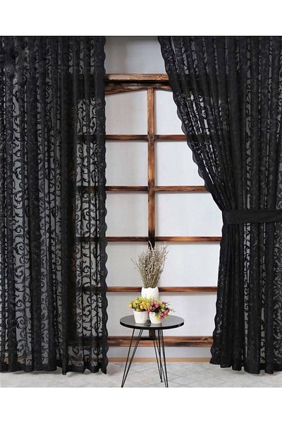 Art Perde 2 Wings Colorful Black Ivy Pattern Laced Tulle Background Curtain 2 Wings