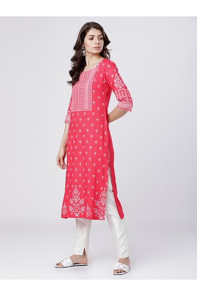 Vishudh By Styli Women Pink & White Ethnic Motifs Printed Straight Kurta