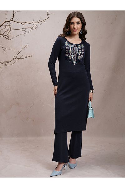 Vishudh By Styli Blue Embroidered Polycotton Kurta Set for Women