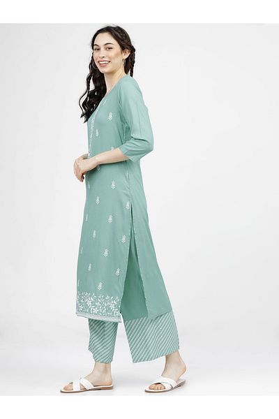 Vishudh By Styli Women Green Printed Kurta and Palazzo Set