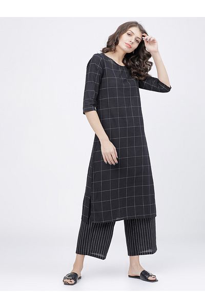 Vishudh By Styli Women Black & Off-White Checked Straight Kurta