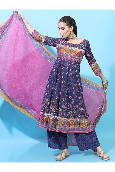 Vishudh By Styli Women Navy Blue Cotton Kurta Set with Palazzos and Dupatta