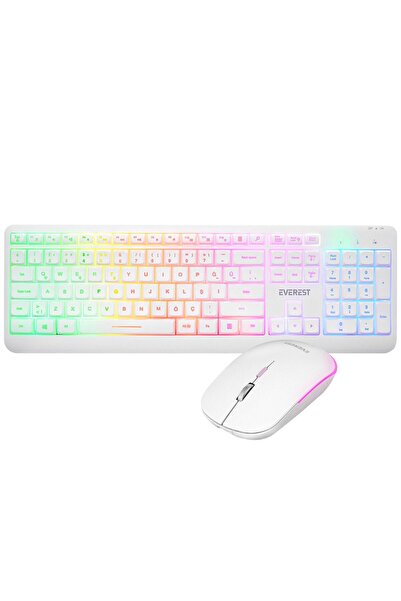 Everest Km-1500 Beyaz Kablosuz Şarj Edilebilir Rainbow Aydınlatmalı Q Multimedia Klavye + Mouse Set