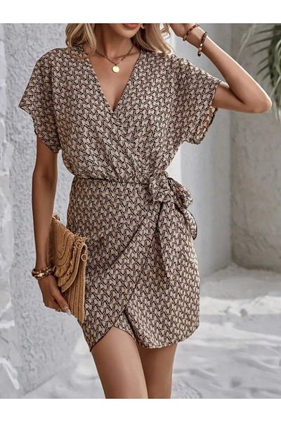 Simala Women's Short Bat Sleeve Front Double Breasted Collar Detailed Front Tie Patterned Single Jersey Dress