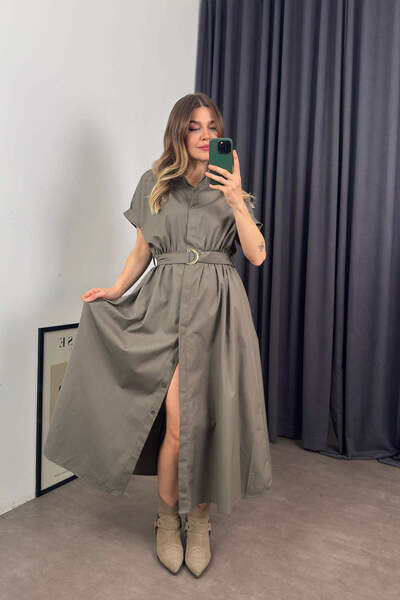 Sue Store Haki Kemerli Gömlek Elbise