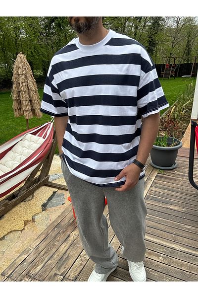 BYBASICMAN Navy Blue Horizontal Stripe T-Shirt Jj-66