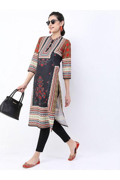 Vishudh By Styli Women Black Ethnic Motifs Printed Straight Kurta