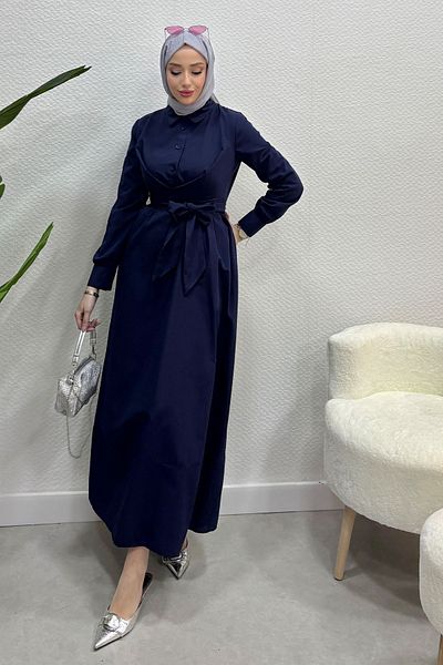 Tesettür Diyarı Φόρεμα Navy Blue Hijab - Δεμένο στη μέση