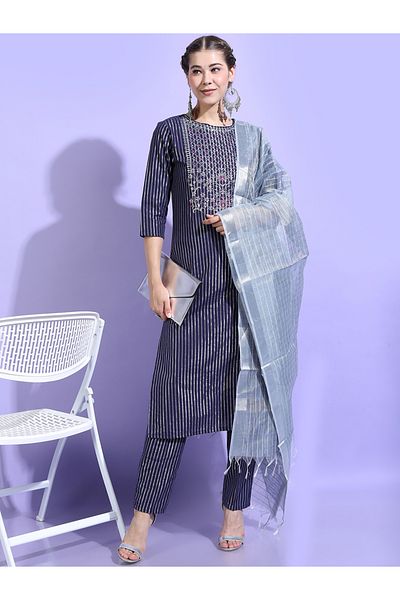 Vishudh By Styli Women Blue Striped Cotton Kurta Set