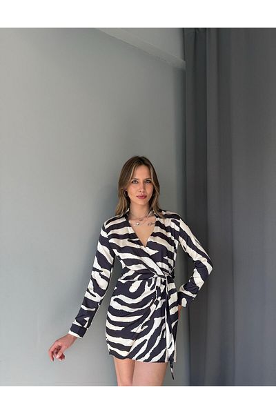 AlisaSu Black Shirt Collar Patterned Satin Dress