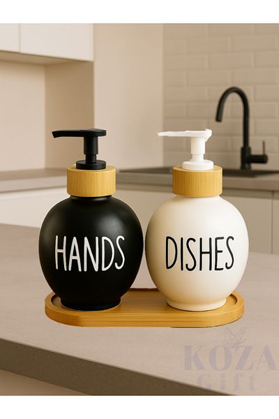 keyfisepet en keyifli sepet Set of 2 Round Porcelain Soap Dishes Black White 500 ml with Wooden Stand Pump