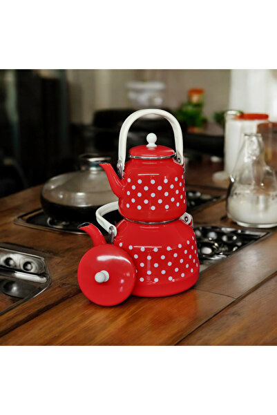 qussine Emaye Çaydanlık 3,5 Litre Çinko Bitki Çayı Demliği Kırmızı Puantiyeli Çaydanlık