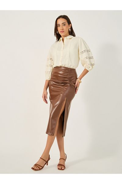 Styli Lace Insert Cuffed Sleeves Buttoned Top