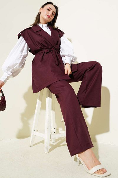 MODAMERSİ Women's Burgundy Striped Shoulder Epaulet Belted Vest Double Set