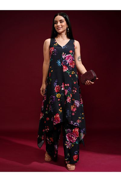 Vishudh By Styli Women Blue Floral Printed High Low Kurta with Palazzos