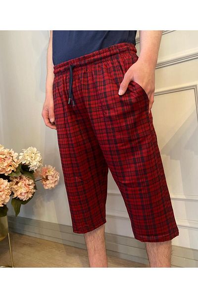 DÜVEN Men's Burgundy Side Pocket Pure 100% Cotton Plaid Patterned Casual Capri Bermuda