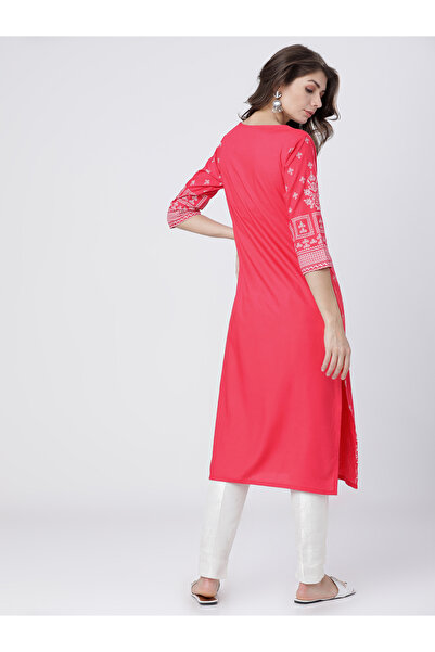 Vishudh By Styli Women Pink & White Ethnic Motifs Printed Straight Kurta