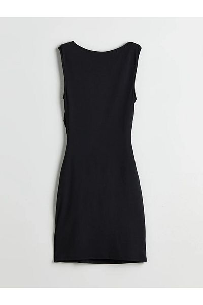 LC Waikiki Lcw Vision Black Crew Neck Shirred Mini Dress