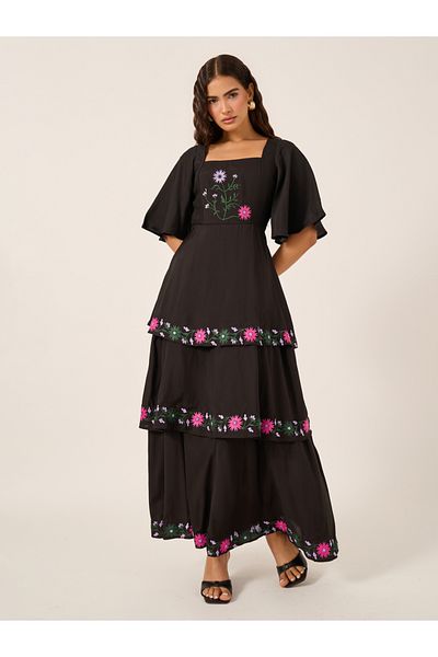 Styli Embroidered Elbow Sleeves Tiered Maxi Dress
