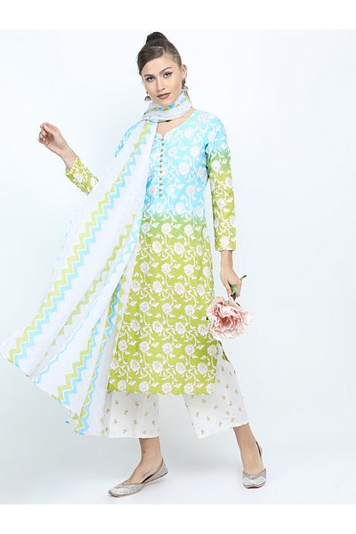 Vishudh By Styli Women Blue Floral Printed Kurta with Palazzos & Dupatta