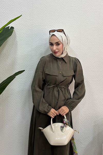 Tesettür Diyarı Γυναικείο Σετ Φούστα Hijab στη μέση με γραβάτα Χακί