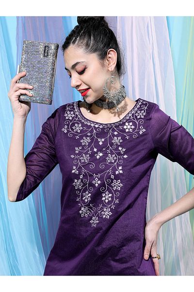 Vishudh By Styli Women Purple Embroidered Cotton Kurta with Dhoti Pant