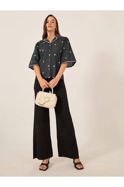Styli Embroidered Notch Lapel Buttoned Top with Flared Sleeves