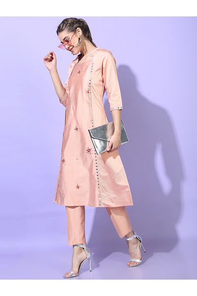 Vishudh By Styli Women Peach Embroidered Kurta with Trouser