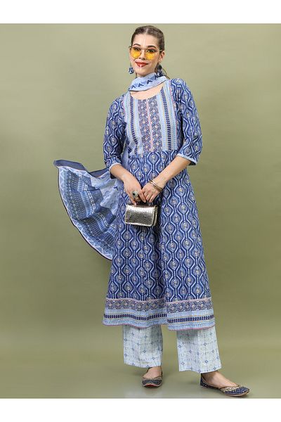Vishudh By Styli Women Blue Cotton Kurta Set with Dupatta